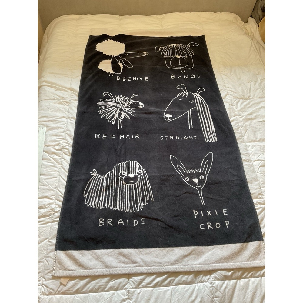 Pottery Barn Teen Beach Towel Dog Humor Hairstyle Bangs Whimsical Designs Blue